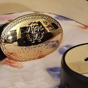 Roberto Cavalli Black Leather Belt with Gold Oval Logo Buckle